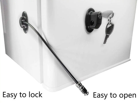 Fridge Lock With 2 Keys Easy Peel And Stick No Drill Mount for Refrigerator showing lock with keys on white fridge door