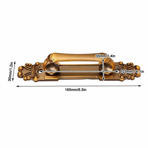 Front view of Two Pack Antique Door Pull Handle For Cabinets And Wardrobes European Style Zinc Alloy Vintage Drawer Pull For Closets Cupboards And Sliding Doors Metal Hardware with measurements