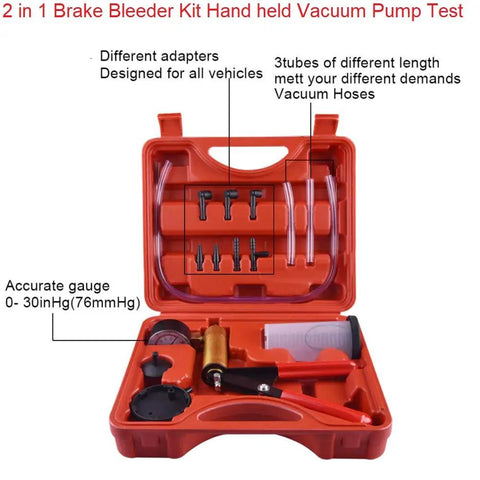 2 In 1 Brake Bleeder Kit With Handheld Vacuum Pump For Automotive Use, One Man Bleeding System With Vacuum Gauge And Adapters, Sponge Protected Case, Durable Red Case, DIY Friendly Car And Truck Brake And Clutch Bleeding, open red case with gauge and hoses