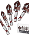 5-piece countersink drill bit set with 1/4 hex shanks; HSS bits for wood/metal/plastic, sizes 1/4-3/4