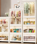 Portable Foldable Wardrobe Closet Organizer Sturdy Fabric Clothes Storage Cabinet with plush toys and folded clothes visible.