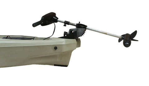 Badass Heavy Duty Transom Trolling Motor Mount For Kayaks And Small Boats With Wicked Tough Stainless Steel Clamp Bracket, side view on kayak.