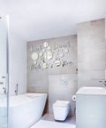 Modern bathroom with 30 Piece Bathroom Wall Decals Set With 3D Round Mirror Stickers, silver finish on wall above bathtub.