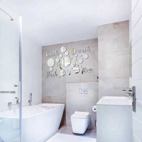 Modern bathroom with 30 Piece Bathroom Wall Decals Set With 3D Round Mirror Stickers, silver finish on wall above bathtub.