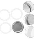 Espresso Maker Replacement Gaskets And Silicone Sealing Rings One Set For Coffee Pot Accessories Pro For Home Kitchen And Coffee Bar Barista Grade Silicone Seals That Fit Most Pots, showing silicone rings and stainless steel filters.