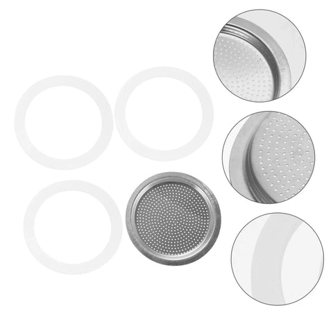Espresso Maker Replacement Gaskets And Silicone Sealing Rings One Set For Coffee Pot Accessories Pro For Home Kitchen And Coffee Bar Barista Grade Silicone Seals That Fit Most Pots, showing silicone rings and stainless steel filters.