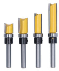 Premium Trim Router Bit Kit With 2 Conventional Blades for Flawless Flush Cuts and Precision Tenon Trimming on Wood MDF Laminate Plywood and Acrylic Materials Without Snagging or Splintering, showing 4 tungsten steel router bits.