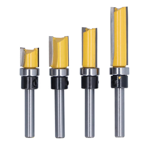 Premium Trim Router Bit Kit With 2 Conventional Blades for Flawless Flush Cuts and Precision Tenon Trimming on Wood MDF Laminate Plywood and Acrylic Materials Without Snagging or Splintering, showing 4 tungsten steel router bits.