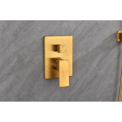 Shower System with Waterfall Rainfall Head, Handheld, Wall-Mounted Faucet, gold pressure control valve on gray wall.