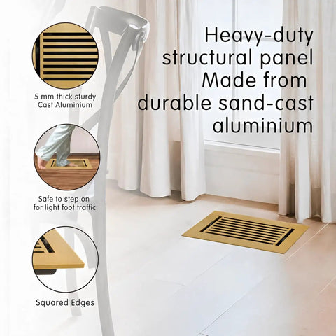 Durable Cast Aluminum Floor Register 4x10 Inlet With Walkable Surface Adjustable Louvers 6x12 Faceplate Gold Finish Vent Cover in room