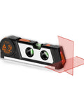 All In One Laser Level Line Tool With Tape Ruler, 3 Mode Laser Line Projection, Built In Bubble Level, No Fuss 4 In 1 Measuring Tool For Quick And Easy DIY Projects, Accurate Wall Alignment For Cabinets, Pictures, And More. Black plastic laser level with 10ft tape ruler and red cross-line beam