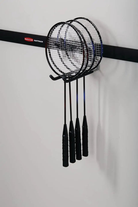 FastTrack Rail Garage Organization System With Multi-Purpose Hooks And 50 Lb Capacity Satin Nickel Wall Mounted holding rackets