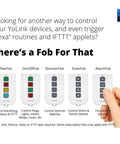 Hand holding YoLink remote control fobs with Alexa and IFTTT integration options.