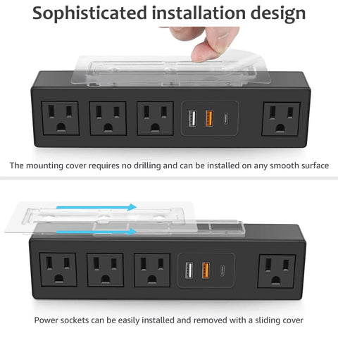 Under Desk Power Strip With 3M Adhesive Mount, 4 Outlets And 1200J Surge Protector, USB C And USB A Ports, Sliding Cover Shown