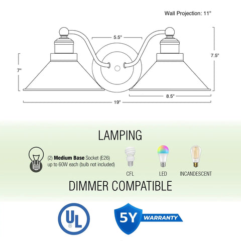 Diagram of Welton 19 Inch Two Light Modern Farmhouse Vanity Light With Dual Funnel Shades Industrial Wall Sconce for Bathroom