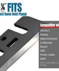 Top Shelf HSS Planer Blades Set Of Eight Heavy Duty Hand Planer Replacement Knives Built Tough For The Woodworking Shop Boasts Crisp Cuts Every Single Time For Reliable 3 1 4 Inch Model Compatibility close-up of a replacement knife showing compatibility with various handheld planers.