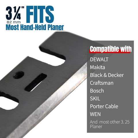 Top Shelf HSS Planer Blades Set Of Eight Heavy Duty Hand Planer Replacement Knives Built Tough For The Woodworking Shop Boasts Crisp Cuts Every Single Time For Reliable 3 1 4 Inch Model Compatibility close-up of a replacement knife showing compatibility with various handheld planers.
