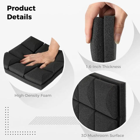 Close-up of 12 Pack Noise Canceling Acoustic Foam Wall Panels High Density Sound Proof Tiles showing 1.6-inch thick high-density foam.