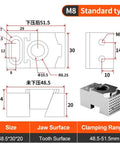 Rock Solid Single Sided Pneumatic Bench Vise Fixture For CNC Machining Center Multi Station Workholding Clamp Shop Tough Fixed Side Top Precision Milling Tool Silver with dimensions and specifications.