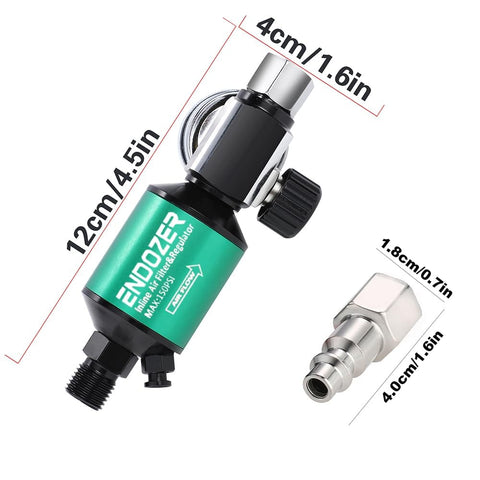G1/4 Inch Inlet And Outlet Air Compressor Water Separator with Drain Valve and Pressure Regulator, green filter, dimensions shown