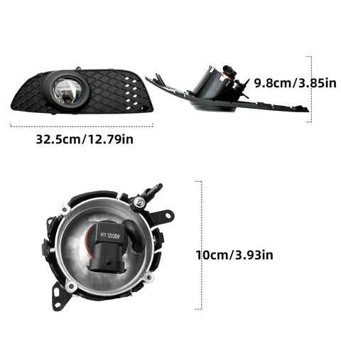 Fog Lights For 2008 2015 Mitsubishi Lancer Front Bumper Clear Lens H11 12V 35W Halogen Bulbs dimensions and back view.