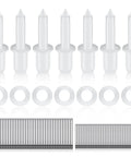 No Hassle Fixin Up Kit For Plantation Shutters Featuring Steel Spring Pins Louver Staples And Collar Pins Smooth Sailing Window Blind Replacement Hardware in assorted sizes including white collar pins and metal staples.