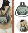 Lightweight Nylon Camping Backpack With Breathable Comfort Large Capacity Grey Build Durable Scratch Resistant Material Smooth Zippers For Easy Access Multi Carry Options From Backpack To Crossbody Go To Outdoor Adventures shown on person