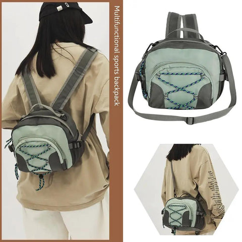 Lightweight Nylon Camping Backpack With Breathable Comfort Large Capacity Grey Build Durable Scratch Resistant Material Smooth Zippers For Easy Access Multi Carry Options From Backpack To Crossbody Go To Outdoor Adventures shown on person