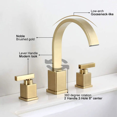 Brushed Gold Two-Handle Bathroom Faucet, 8-Inch Widespread 3-Hole Sink Fixture with curved gooseneck spout and square handles.