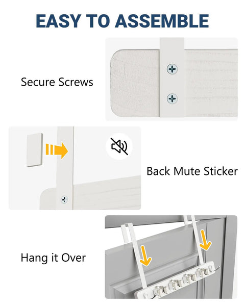 Over The Door Broom And Mop Holder With 4 Slots And 4 Hooks installation guide showing secure screws, mute sticker, and door hanging