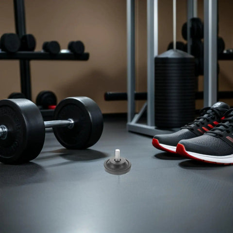 4 Pack Adjustable Swivel Leveling Feet with Anti Slip Rubber Pad shown in a gym setting with weights and shoes