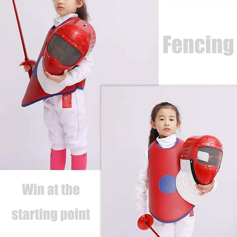 Child holding Totally Kid Friendly Fencing 3 Piece Practice Gear Set With Plastic Mask And Chest Protector For Foil Epee Sabre Training