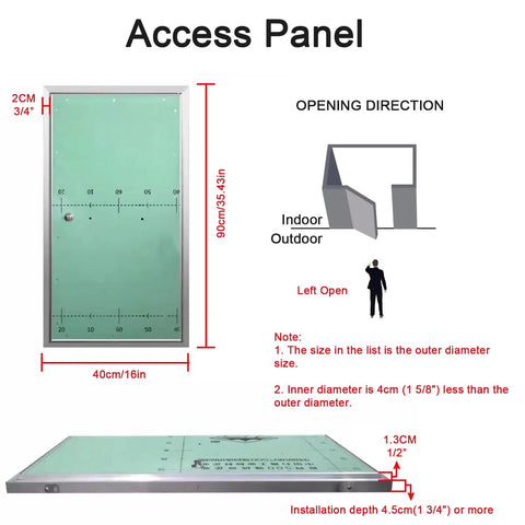 No Fuss Drywall Access Panel 16X35 Inch Paintable Sheetrock Hatch with dimensions, showing heavy duty aluminum frame.