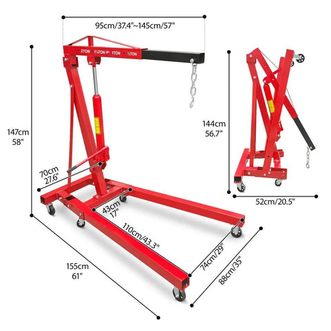 Drop Dead Tough 2 Ton Folding Hydraulic Engine Hoist With Top Shelf Lifter Pump dimensions displayed on an image.