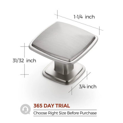 Sturdy Zinc Alloy Brushed Nickel Cabinet Knob, 31/32 inch, anti-rust finish, shown in close-up with dimensions, 25 pack available.