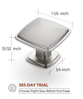 Solid Zinc Alloy 10 Pack Brushed Nickel Kitchen Cabinet Knobs square knob with brushed finish, measuring 1-1/4 inch wide, 31/32 inch high.