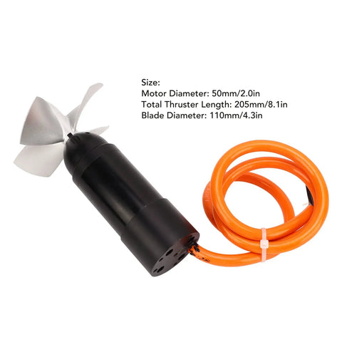 Beefy 48V Underwater Thruster for RC Boats and ROVs, 4000 RPM Aluminum CNC Housing with a 4 Blade Propeller, cables shown
