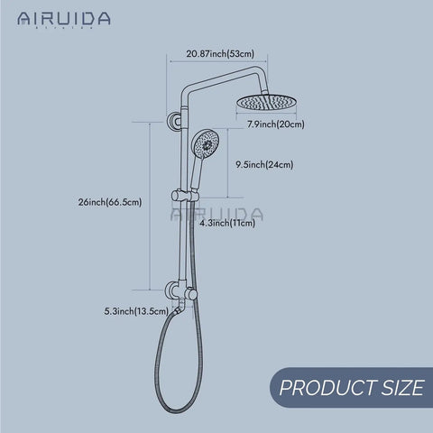 Diagram of Matte Black Retrofit Shower System With 8 Inch ABS Rain Shower Head And 5 Function Handheld Shower, dimensions labeled.