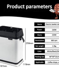 Premium Slick Silver Electric Espresso Portafilter Cleaner Paired With Solid Knock Box showing product parameters and dimensions.