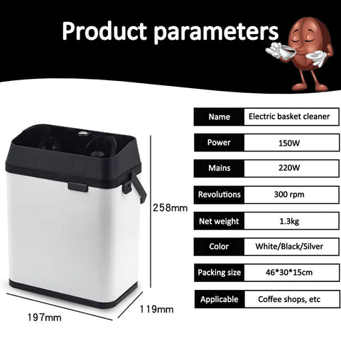 Premium Slick Silver Electric Espresso Portafilter Cleaner Paired With Solid Knock Box showing product parameters and dimensions.