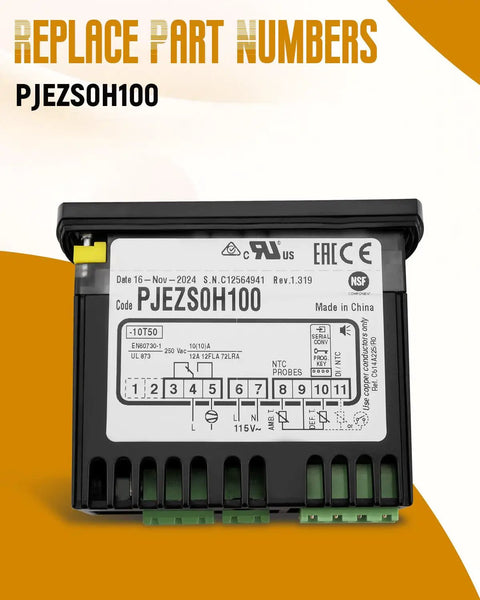 PJEZS0H100 Digital Refrigerator Temperature Controller With Sensor Probe 115V Thermostat That Fits Carel And All Fridges Precise Temp Regulation Easy Mounting Hardware And Setup Instructions, front view