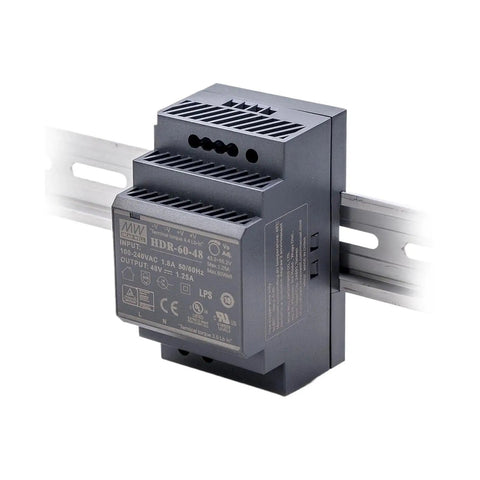 Straight Up Heavy Duty 60 Watt 48 Volt Din Rail Switching Power Supply With Adjustable Output mounted on rail for easy access.