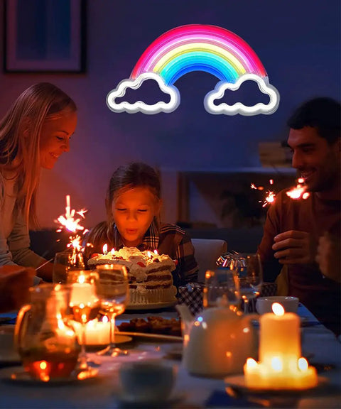 3D Acrylic Neon LED Sign for Bedroom and Bar in rainbow design, USB powered art glowing over family celebration