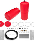 Flat lay of FLOVENTIS 2-piece red air spring bags for rear automotive suspension with clamps, hoses, and mounting hardware.