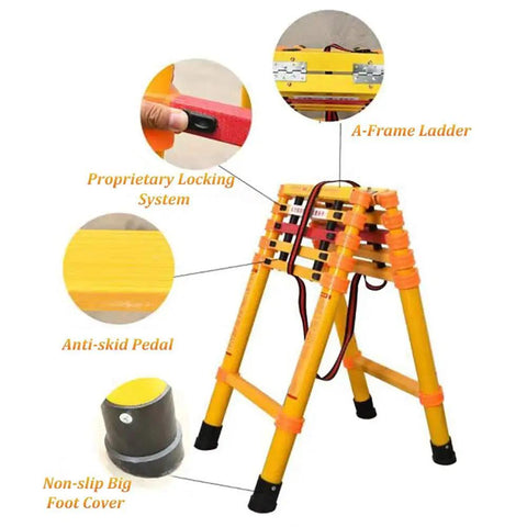 Heavy Duty Non Conductive Frp Telescoping Ladder Built Tough For Live Electrical Grind With Rock Solid Three Hundred Thirty Pound Rating And Quick Foldaway Design For Easy Hauling showing features including locking system and non-slip feet.