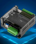 Industrial PLC Control Board With 24V DC Supply, Relay Output, Online Monitoring. Close-up view of controller board with protective casing.