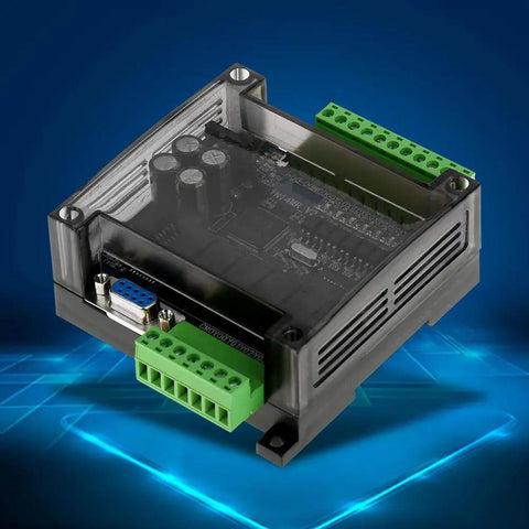 Industrial PLC Control Board With 24V DC Supply, Relay Output, Online Monitoring. Close-up view of controller board with protective casing.