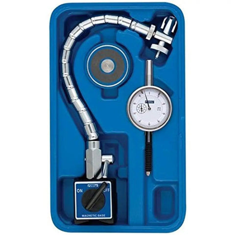 Chrome Flex Mag Base And X-Proof IP54 White Dial Face Indicator Set With Magnetic Flex Arm Built Tough 85 Lb Pull Magnet Shockproof Design 0.001 Inch Reading 0-100 Travel V-Base Mount For Rounded Surfaces