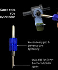 EVAP service port adapter kit, 3-piece with blue knurled metal fittings for Schrader/EVAP service ports