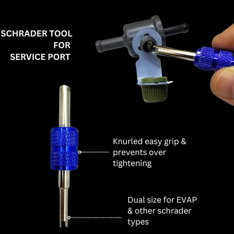 EVAP service port adapter kit, 3-piece with blue knurled metal fittings for Schrader/EVAP service ports